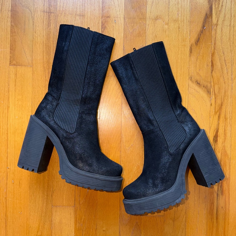 Black Platform Chunky Heel Boots - Women